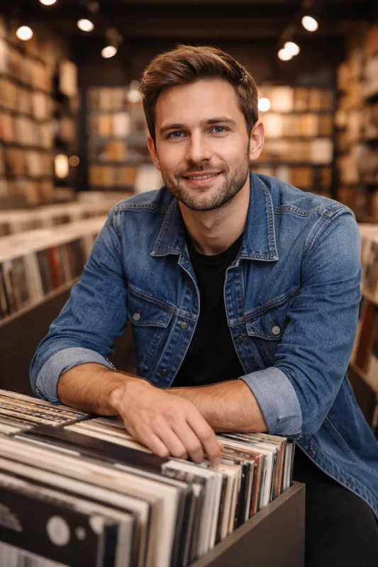 Alexander sitter i en musikaffär omgiven av vinylskivor och ler mot kameran, med skivhyllor i bakgrunden.