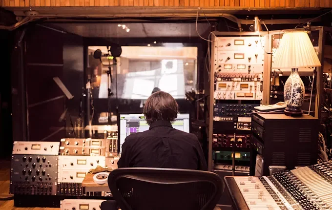 Person sitter i en musikstudio framför mixerbord och ljudutrustning, symbol för svensk musikproduktion och svenska artister som format musikhistorien.