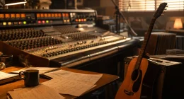 Musikstudio med gitarr och noter på skrivbord i varmt eftermiddagsljus