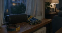 Högtalare och supporterattiraljer i ett svenskt vardagsrum efter en VM-match