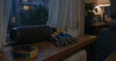 Högtalare och supporterattiraljer i ett svenskt vardagsrum efter en VM-match