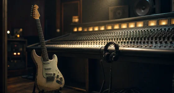 Elgitarr och mixerbord i inspelningsstudio, symbol för Rolling Stones nya album